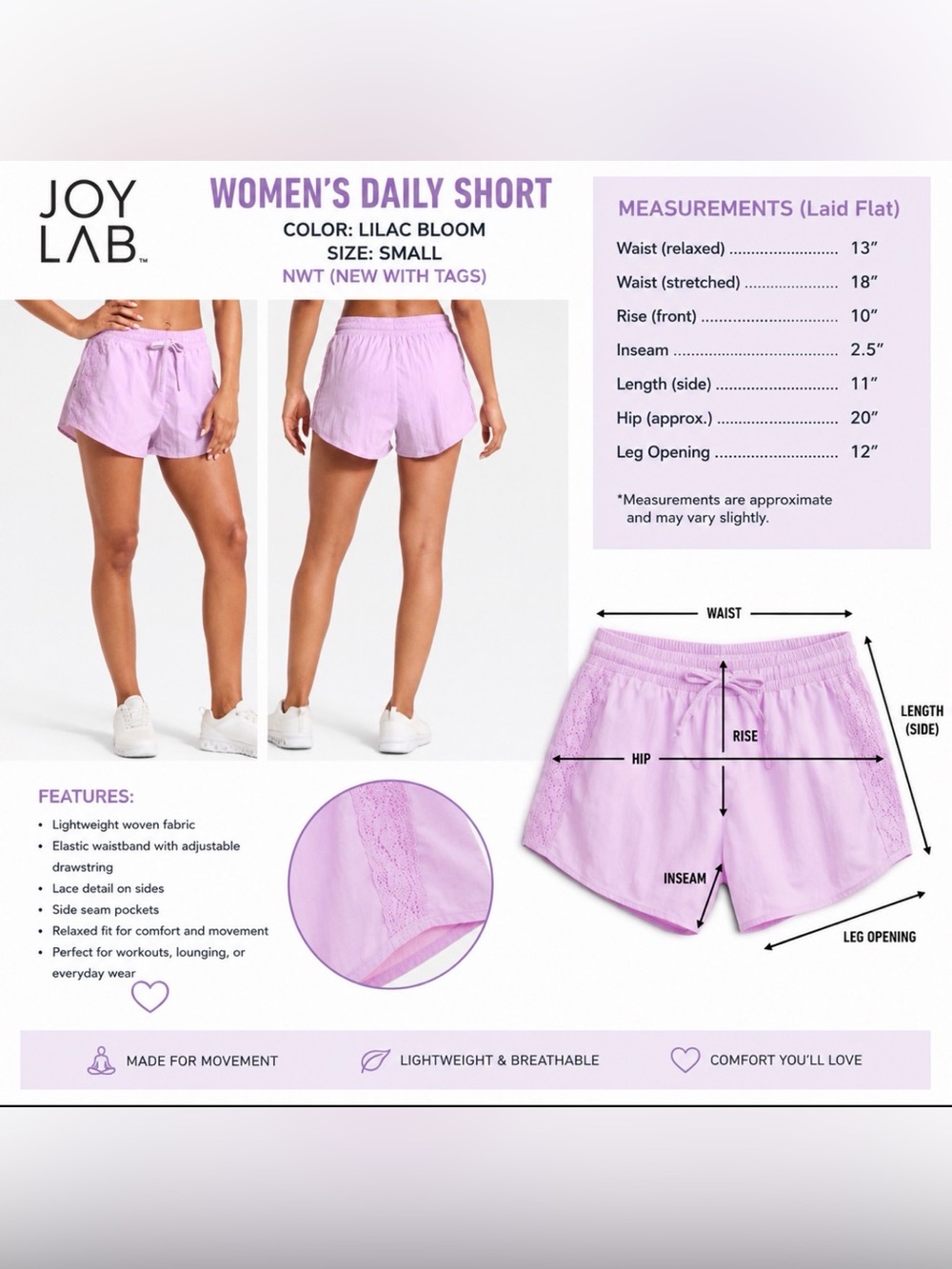 JoyLab Women’s Daily Shorts – NWT – Size Small – Lilac Bloom